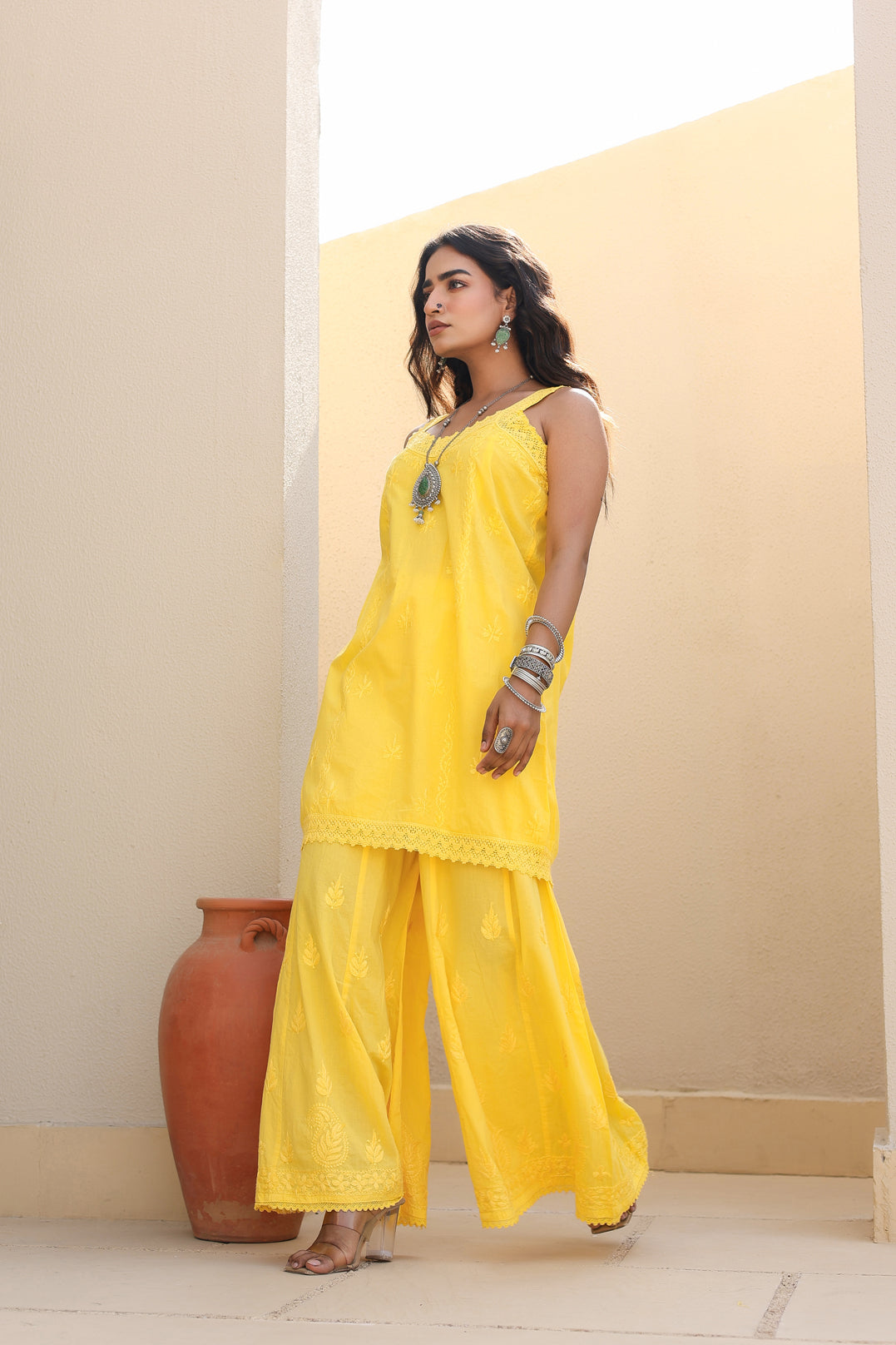 Chikankari Cotton Lace Sharara Set (Yellow)