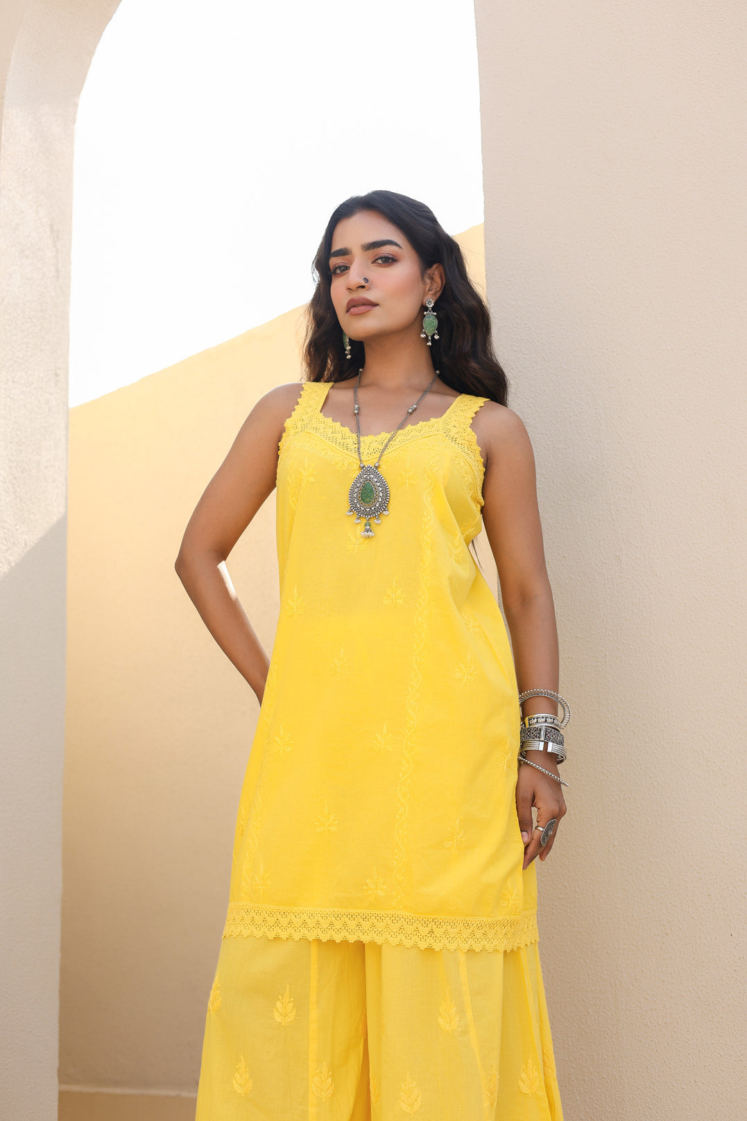 Chikankari Cotton Lace Sharara Set (Yellow)