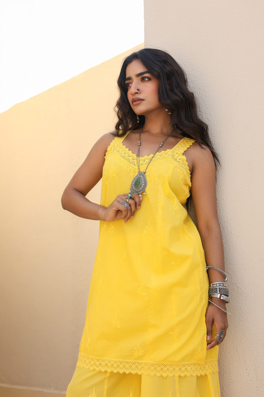 Chikankari Cotton Lace Sharara Set (Yellow)