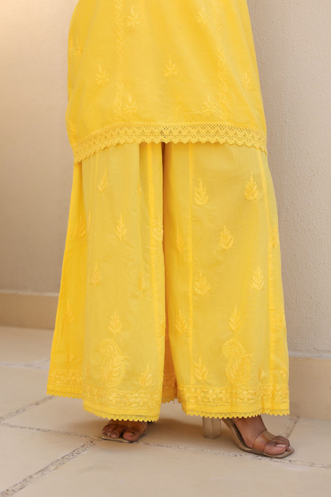 Chikankari Cotton Lace Sharara Set (Yellow)