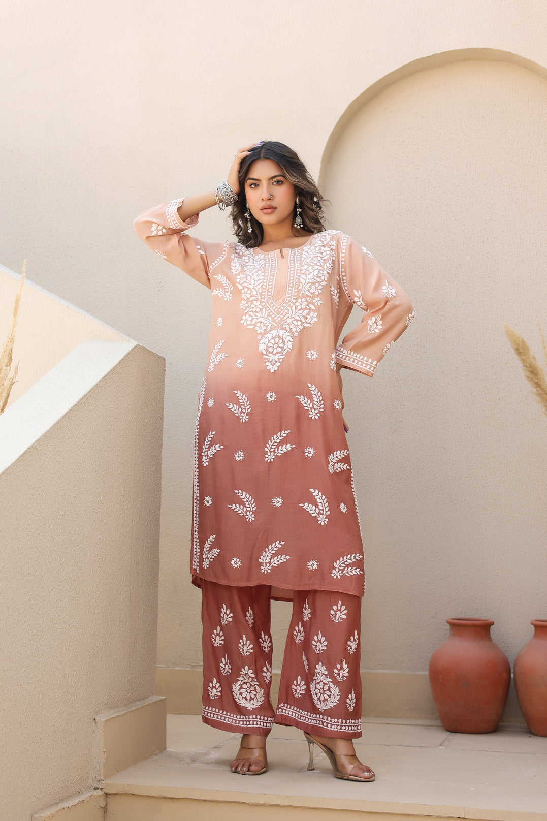 Chikankari Muslin Kurta Set (Brown)