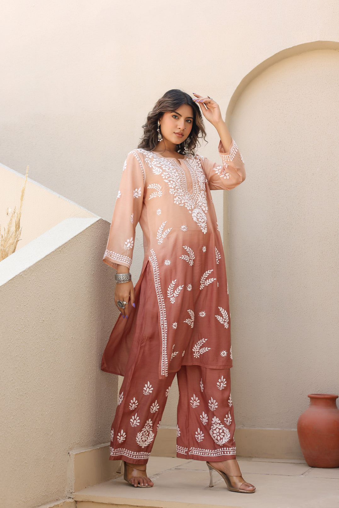 Chikankari Muslin Kurta Set (Brown)