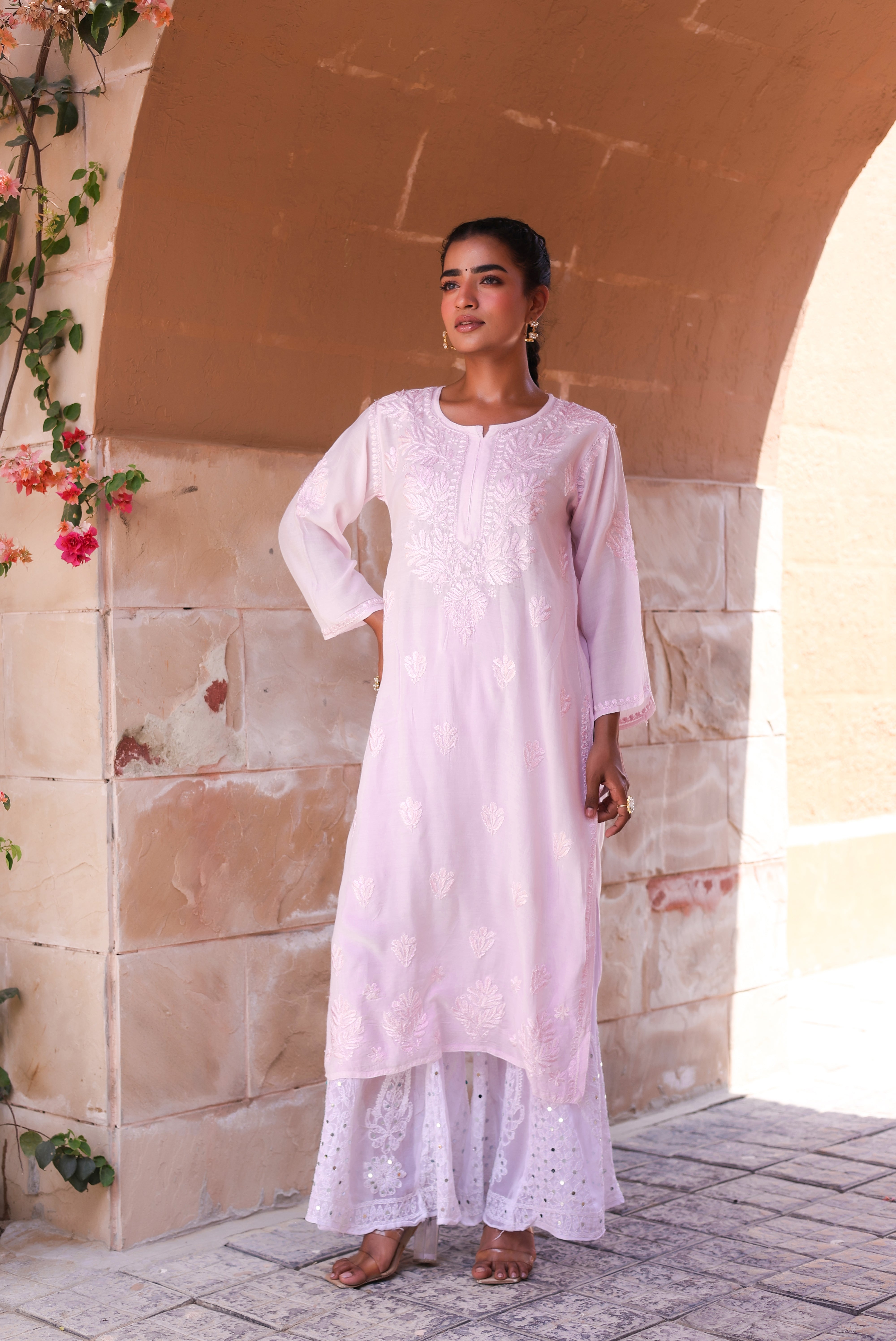 Chikankari Muslin Resham Long Kurta (Pink)