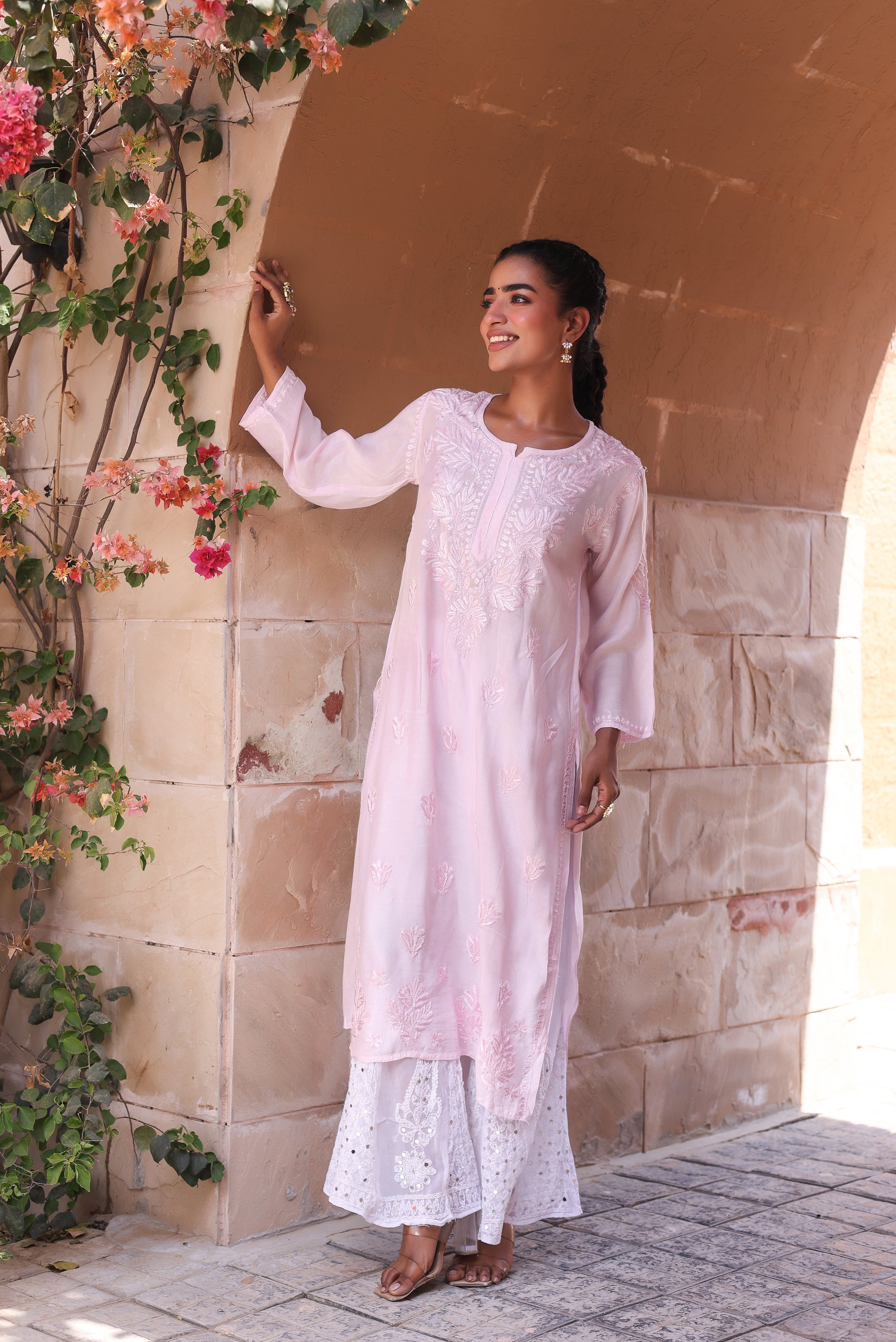 Chikankari Muslin Resham Long Kurta (Pink)