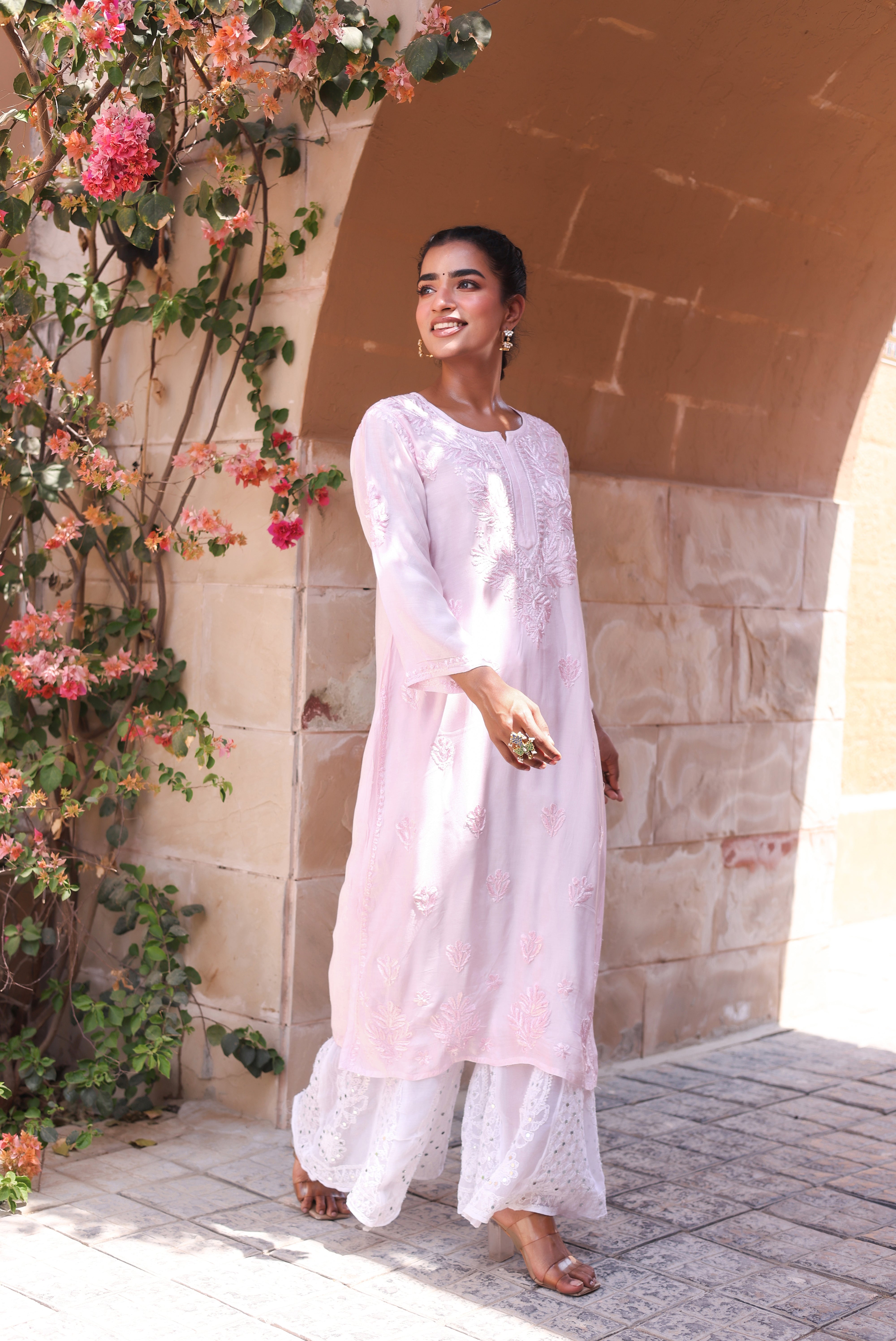 Chikankari Muslin Resham Long Kurta (Pink)