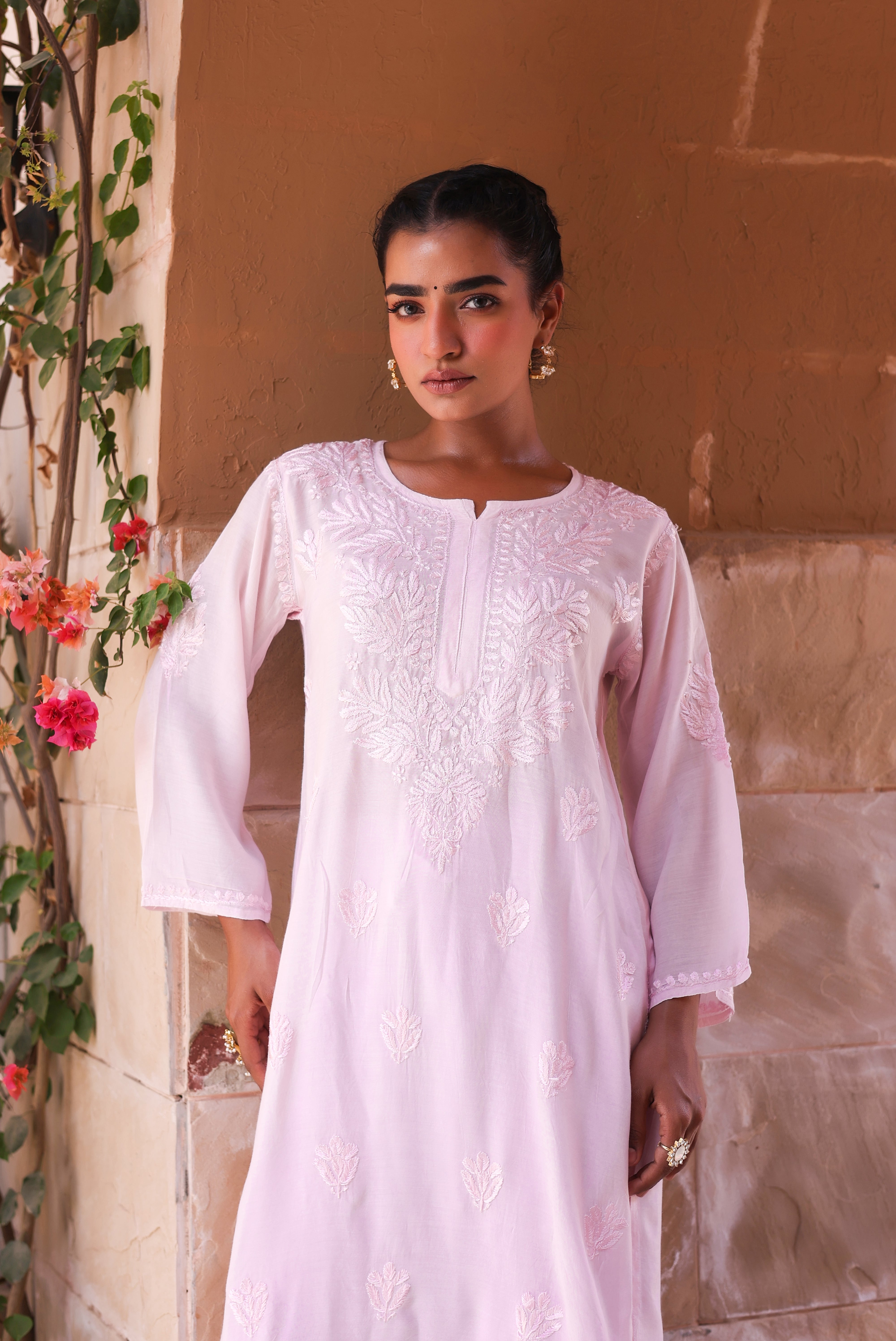 Chikankari Muslin Resham Long Kurta (Pink)