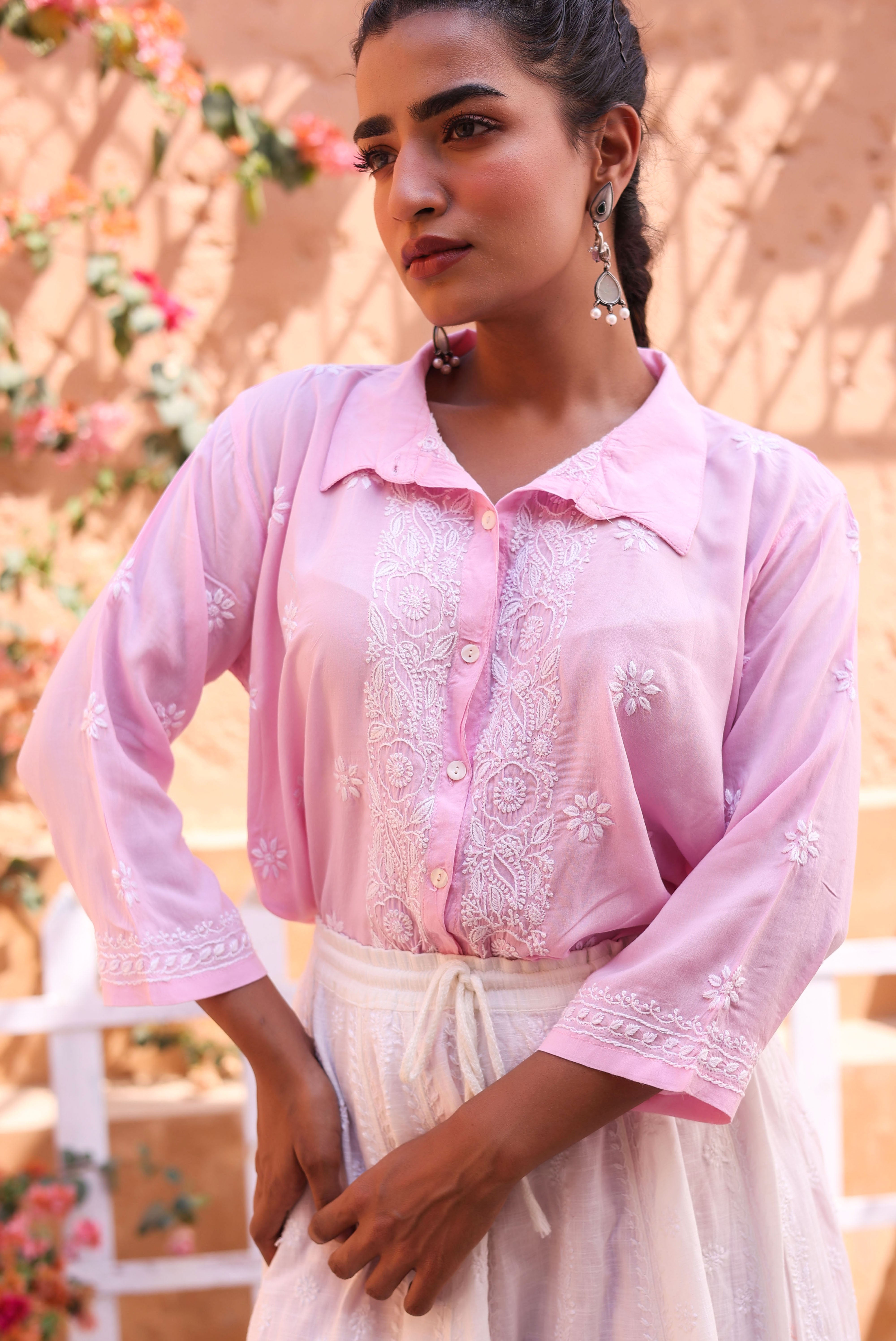 Chikankari Modal Office Shirt (Pink)
