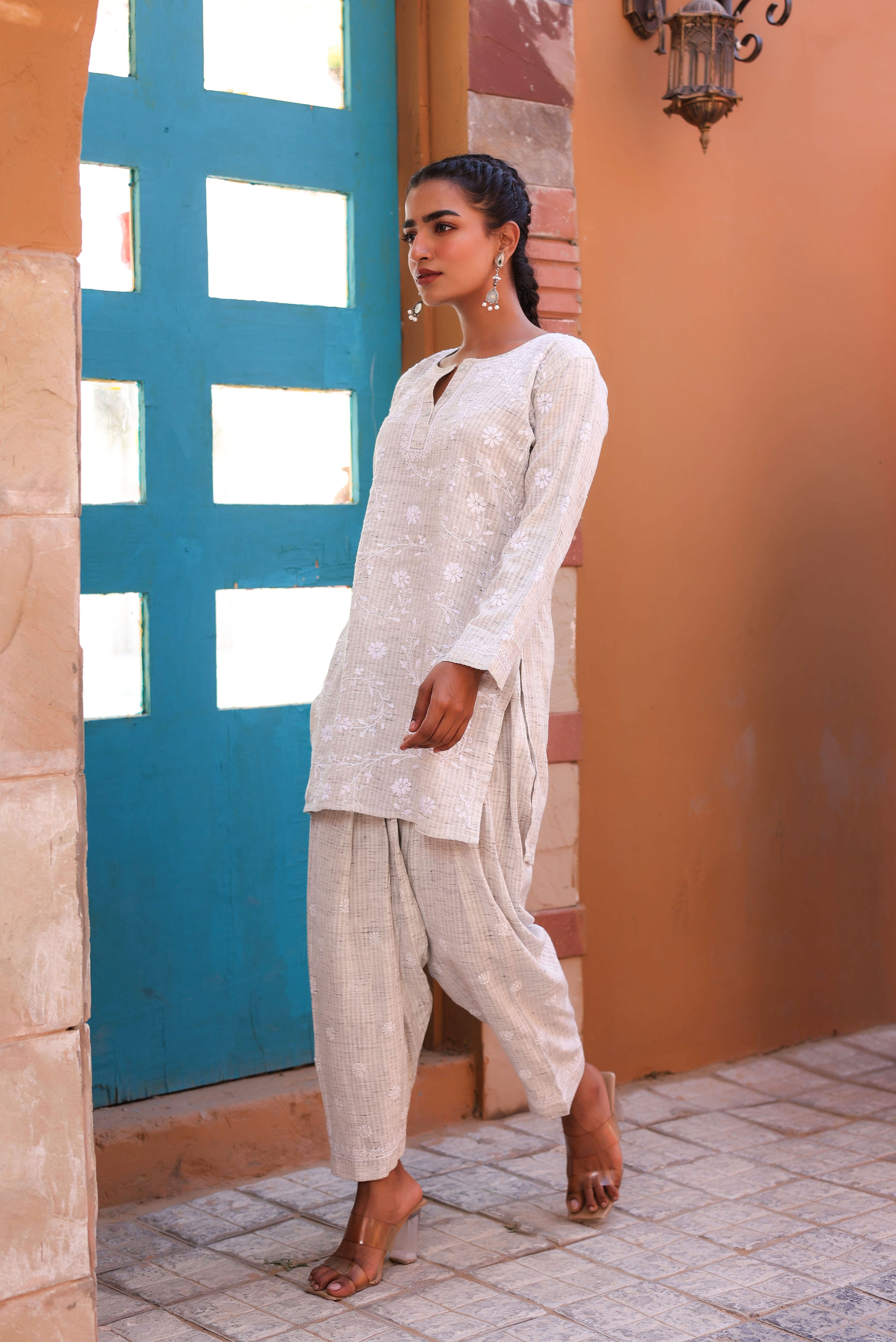 Chikankari Khadi Grey Co-ord Set Side Flower Bail (Grey)