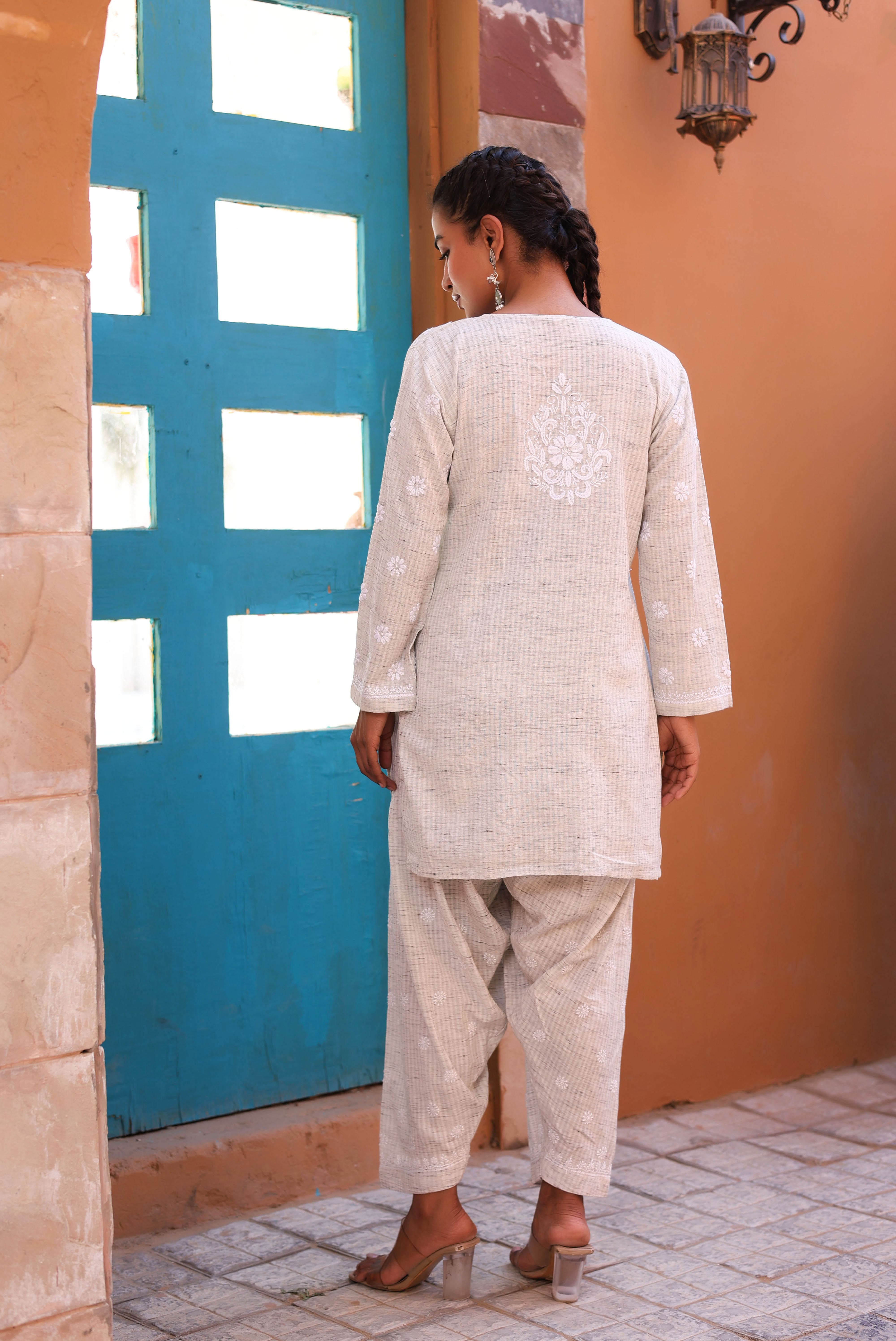 Chikankari Khadi Grey Co-ord Set Side Flower Bail (Grey)
