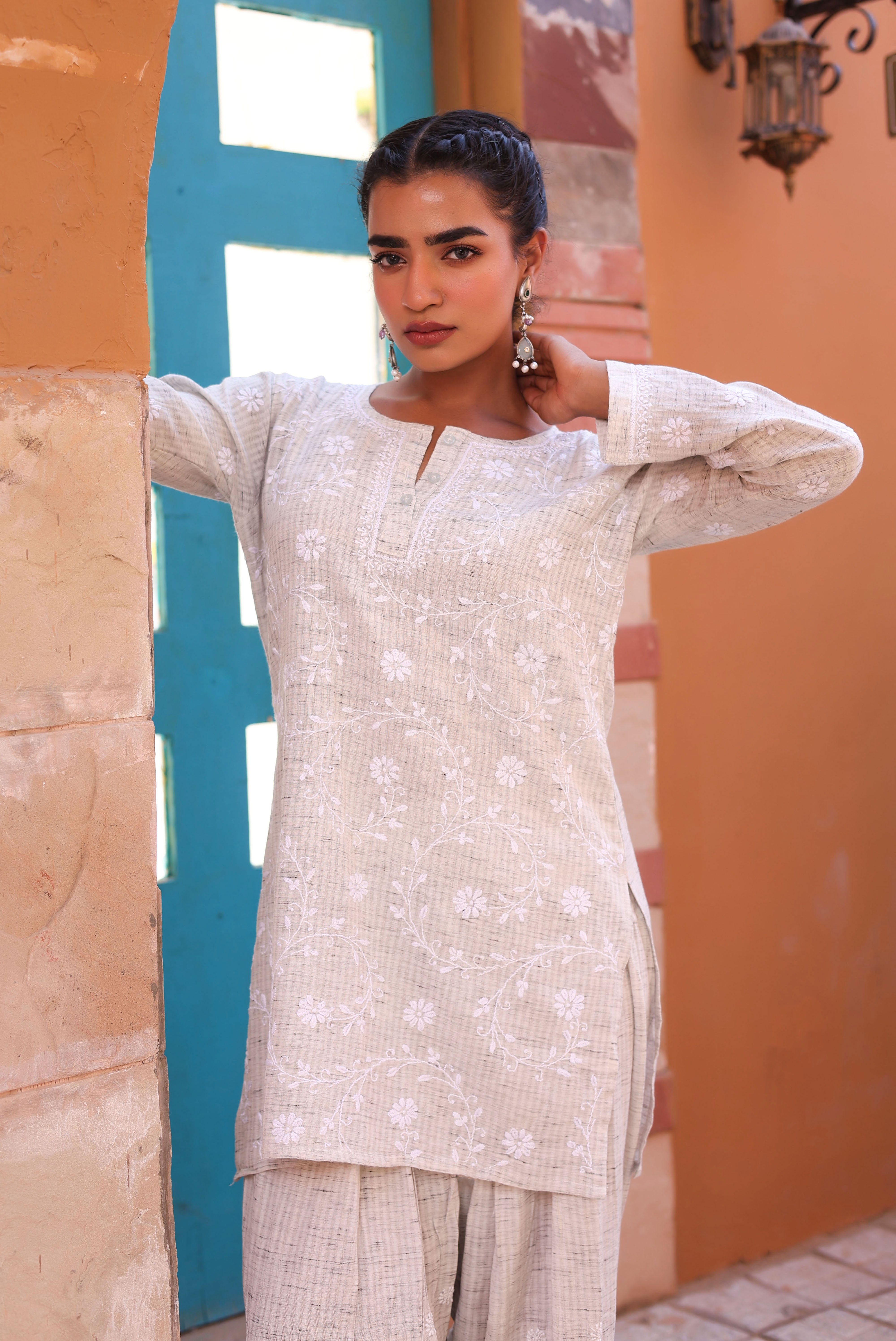 Chikankari Khadi Grey Co-ord Set Side Flower Bail (Grey)