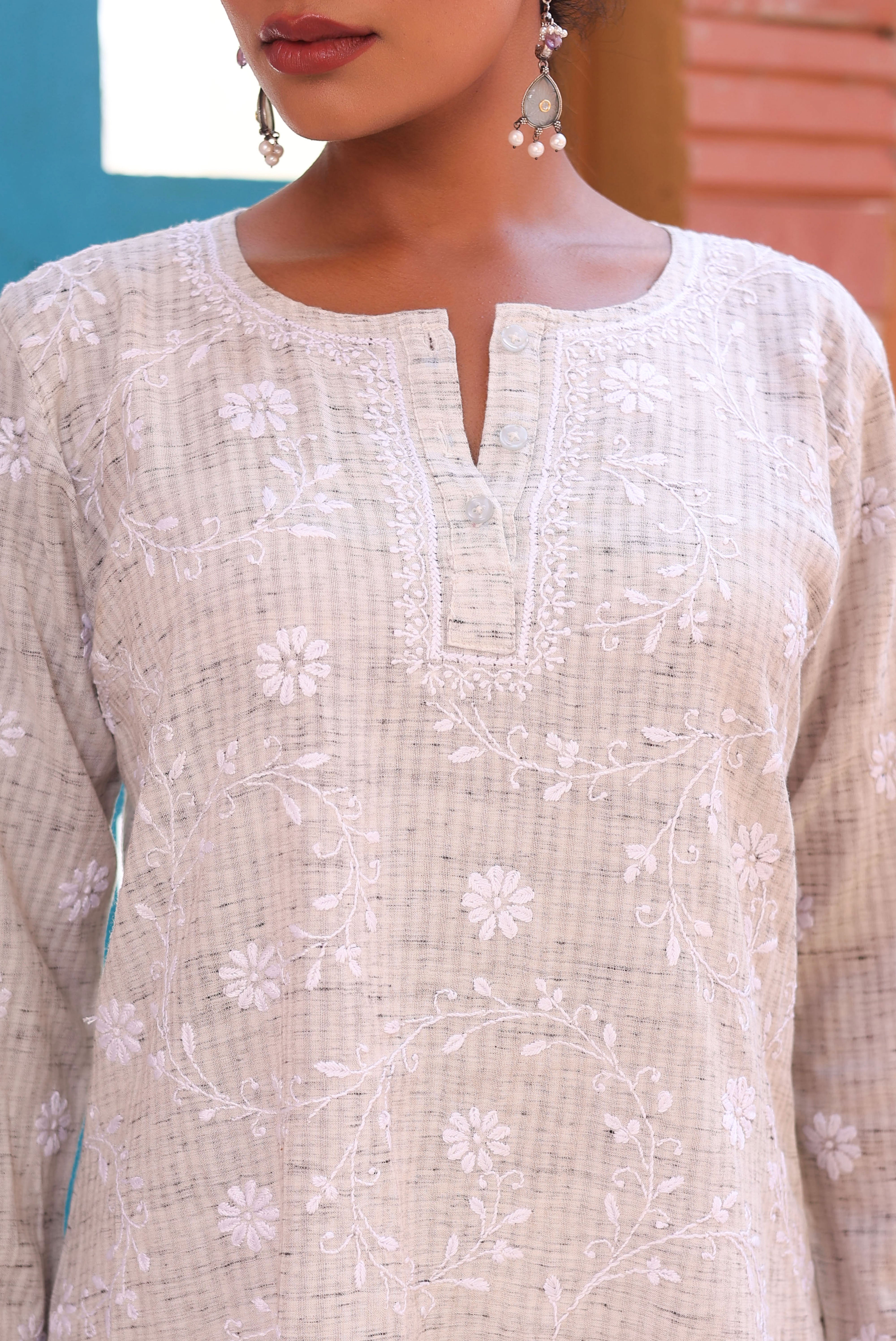 Chikankari Khadi Grey Co-ord Set Side Flower Bail (Grey)