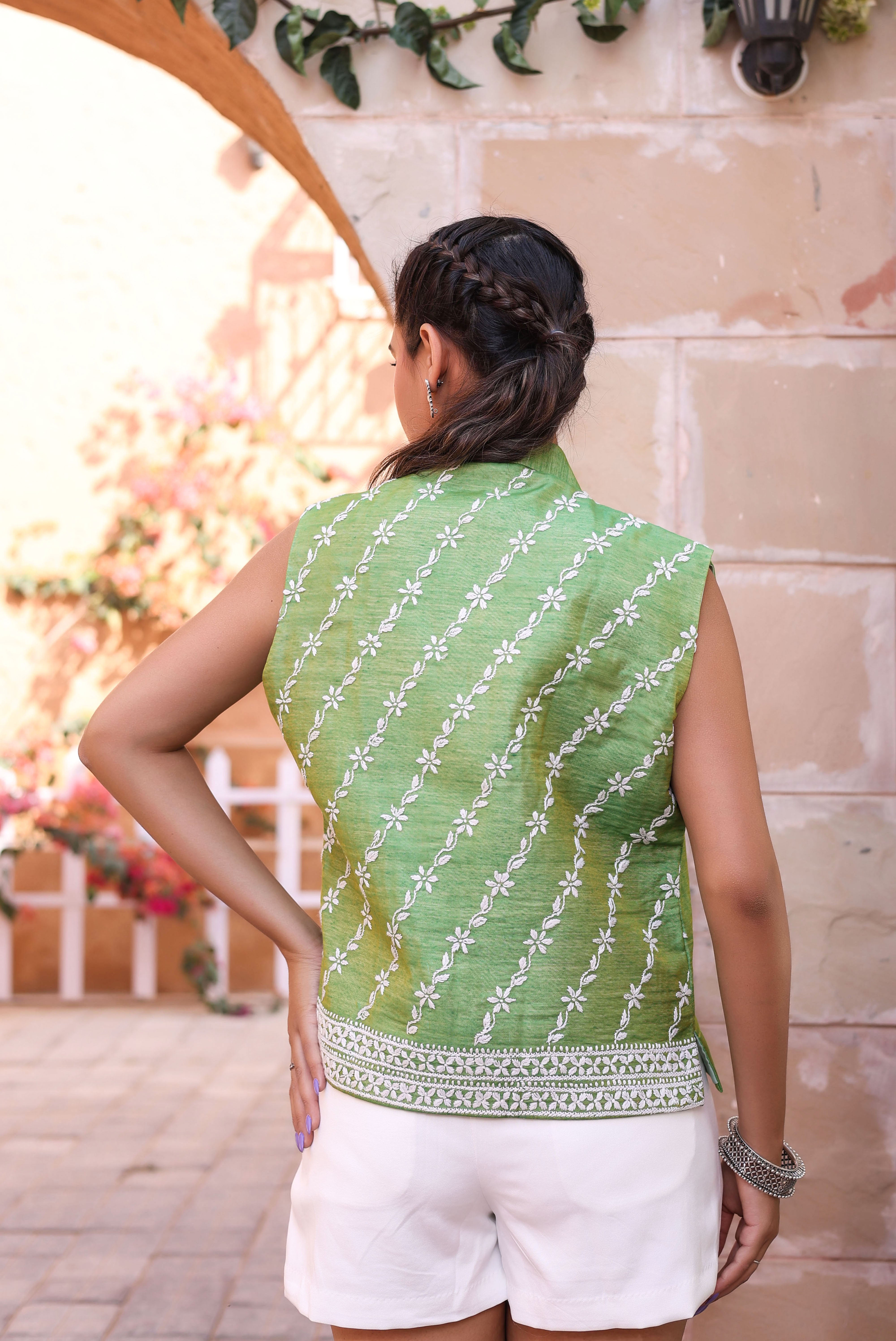 Chikankari Cotton Designer Koti - Kali (Parrot Green)