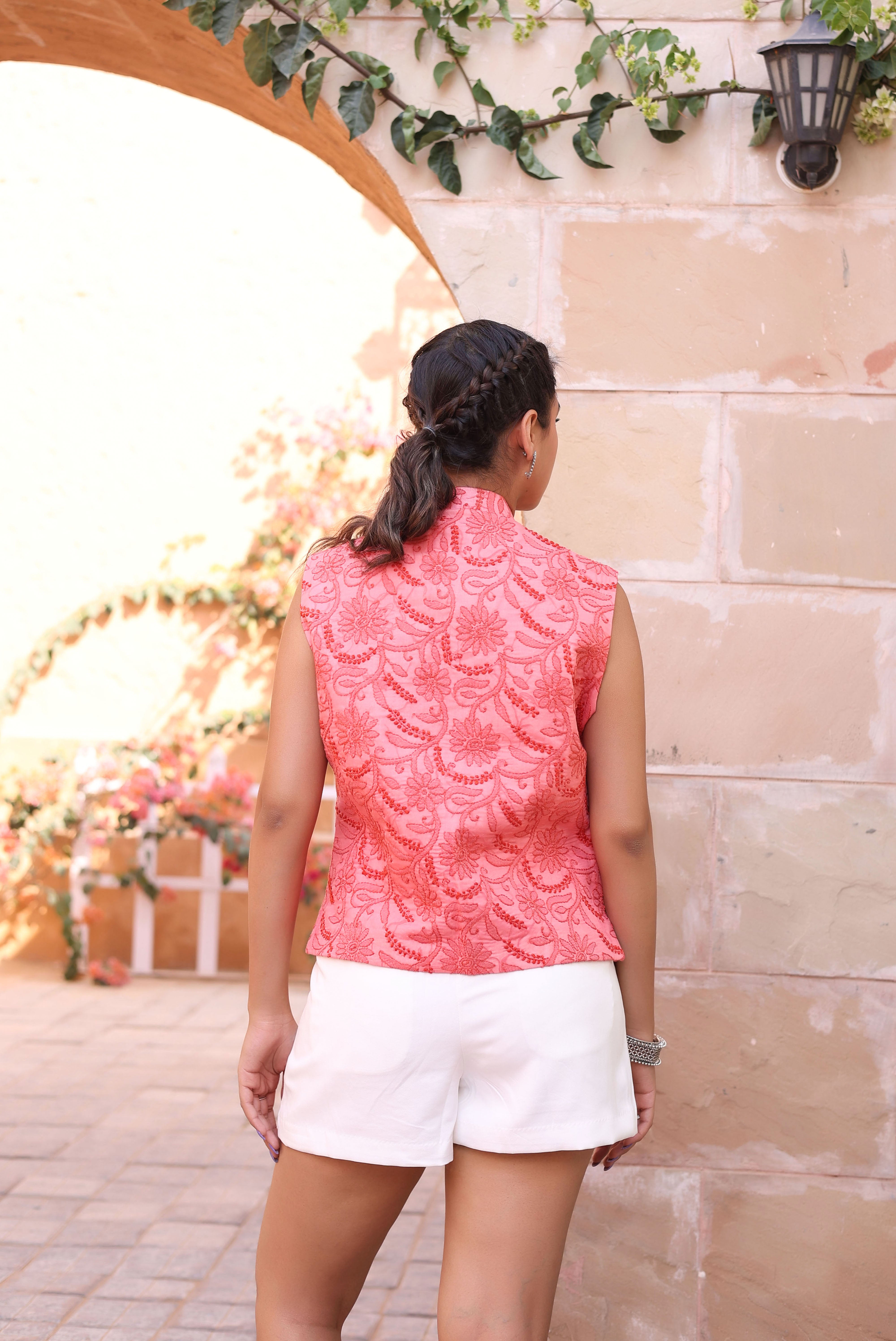 Chikankari Designer Cotton Koti- Flower(Red)