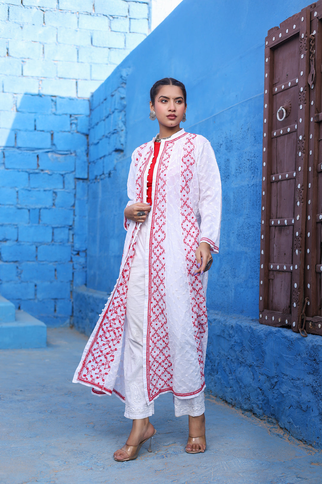 Chikankari Designer Cotton long Shrug(Red)