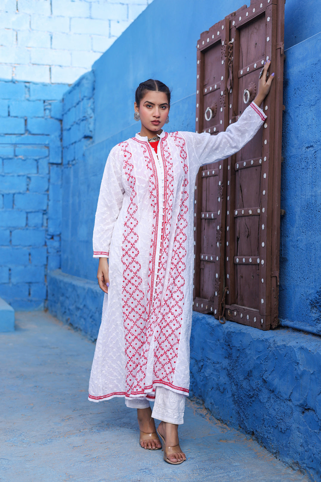 Chikankari Designer Cotton long Shrug(Red)