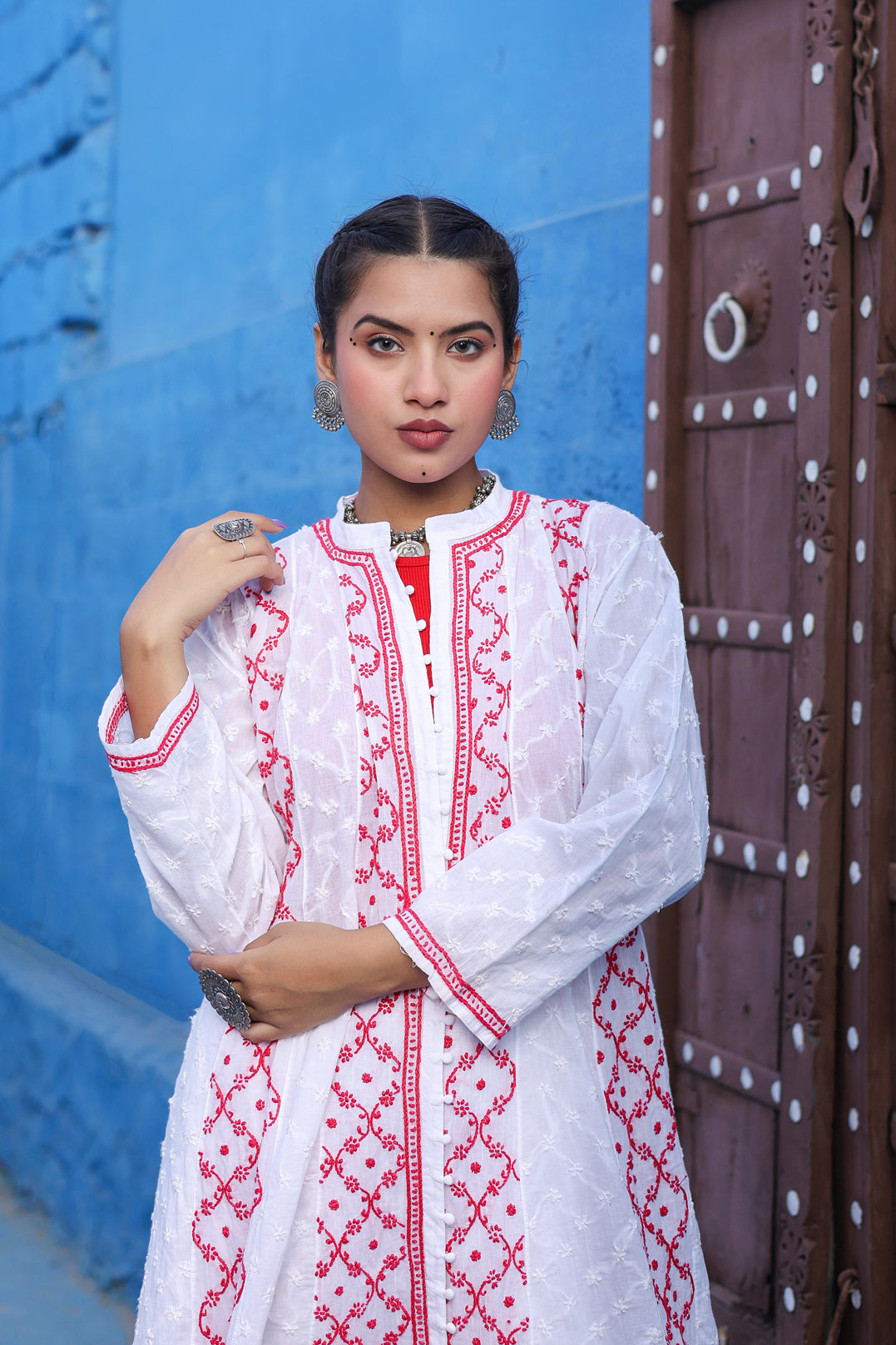 Chikankari Designer Cotton long Shrug(Red)