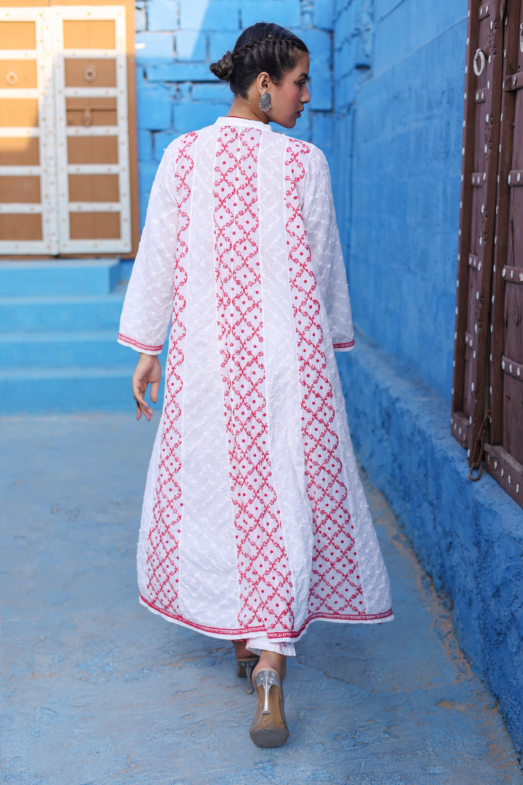 Chikankari Designer Cotton long Shrug(Red)