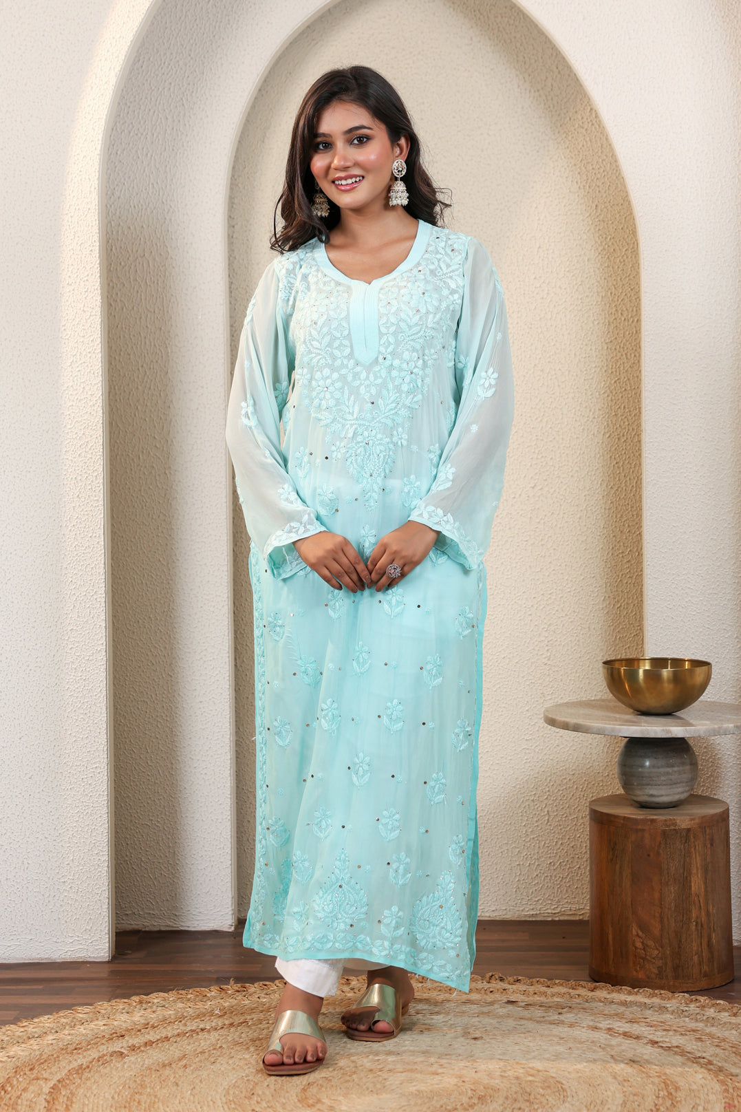 Chikankari Viscose Ghas Patti With Mukaish work long Kurta (Blue)