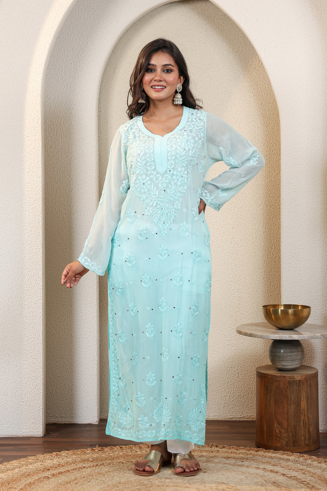 Chikankari Viscose Ghas Patti With Mukaish work long Kurta (Blue)