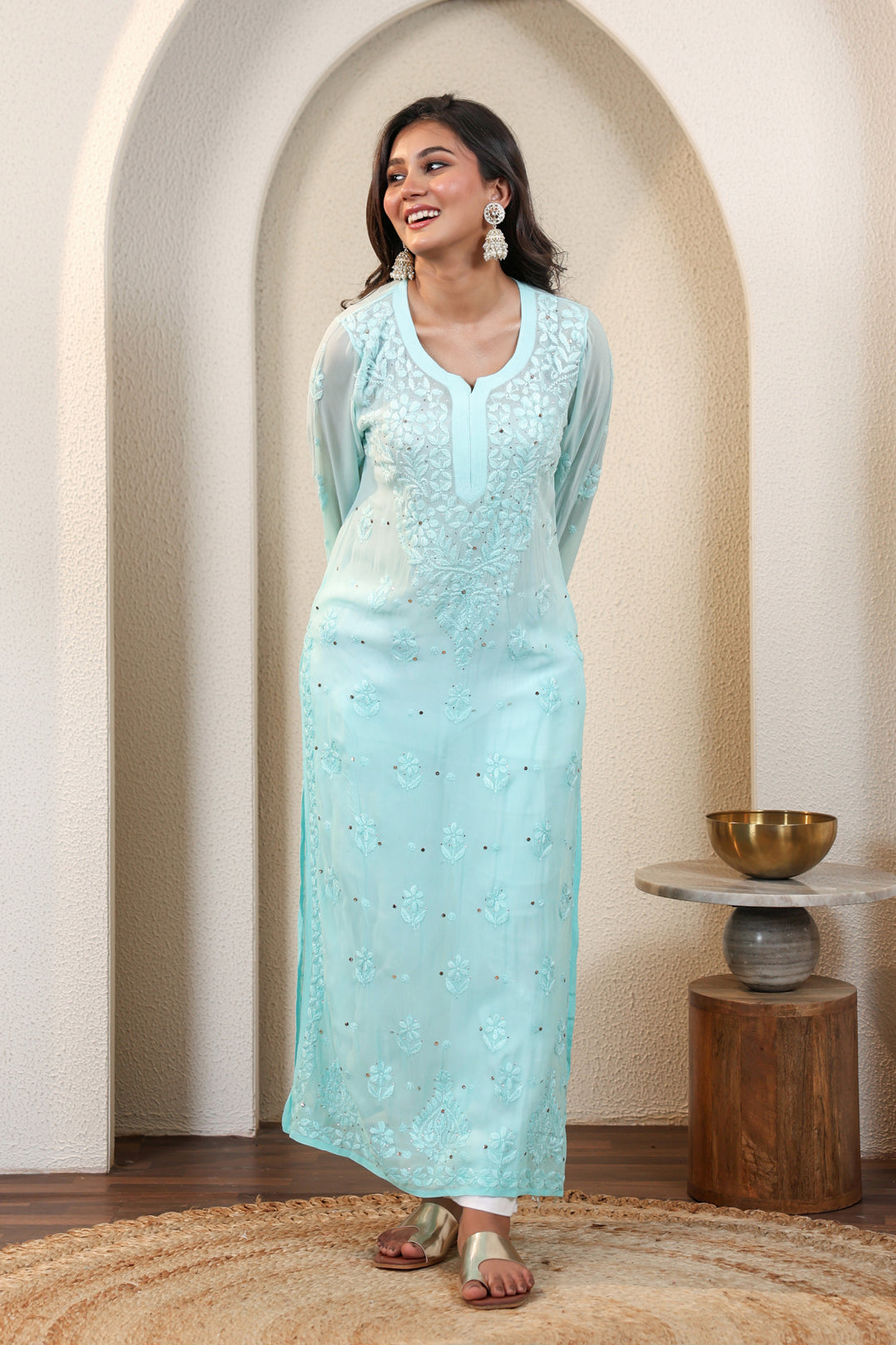 Chikankari Viscose Ghas Patti With Mukaish work long Kurta (Blue)