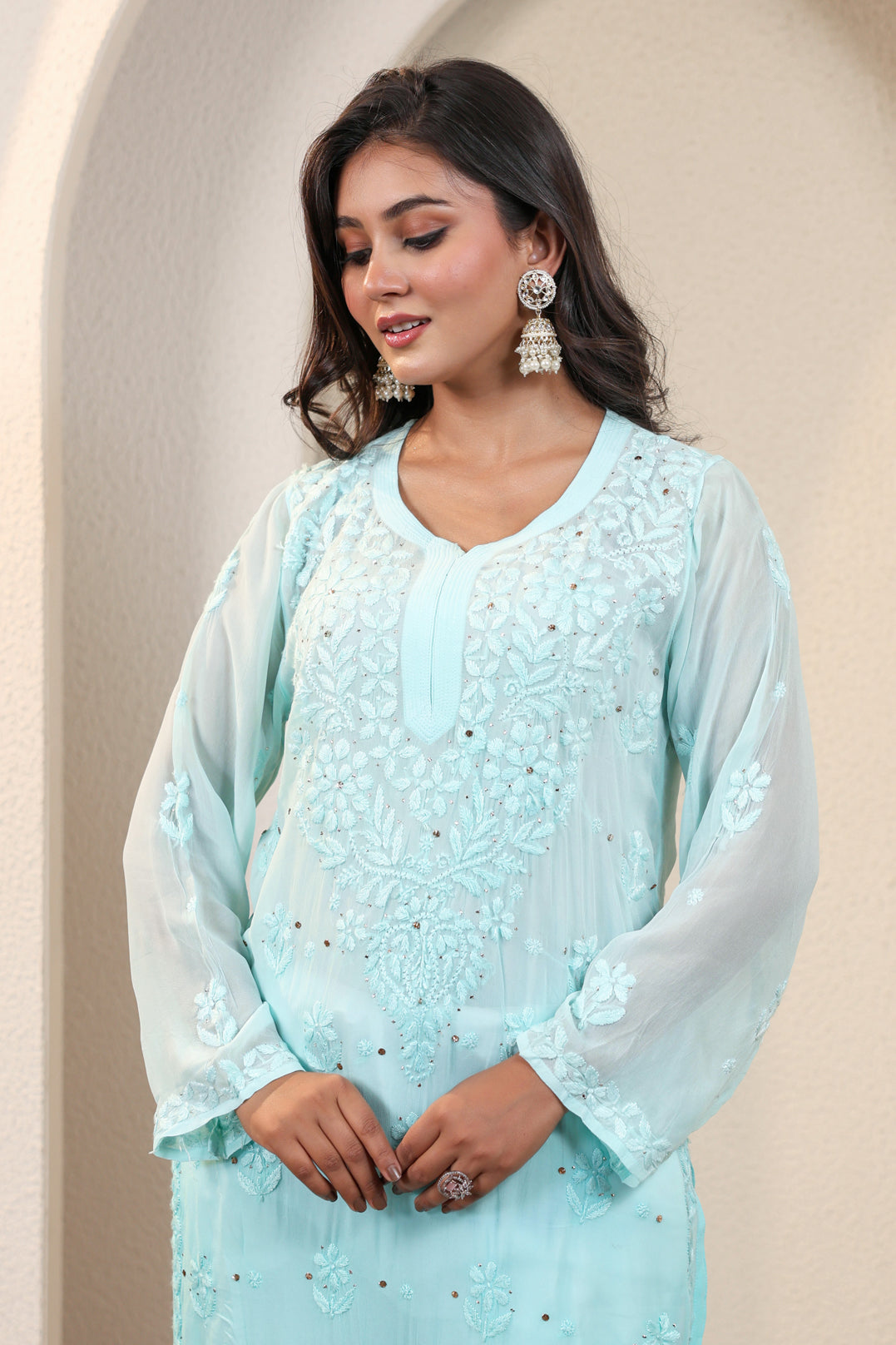 Chikankari Viscose Ghas Patti With Mukaish work long Kurta (Blue)