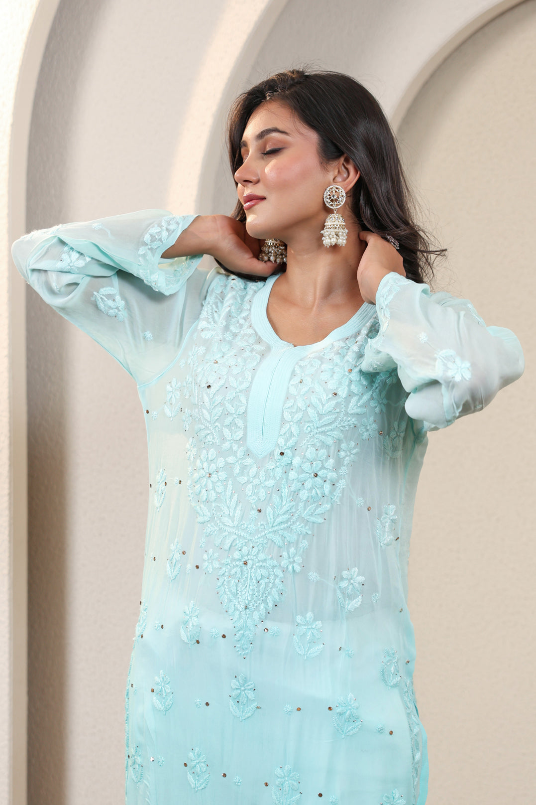 Chikankari Viscose Ghas Patti With Mukaish work long Kurta (Blue)