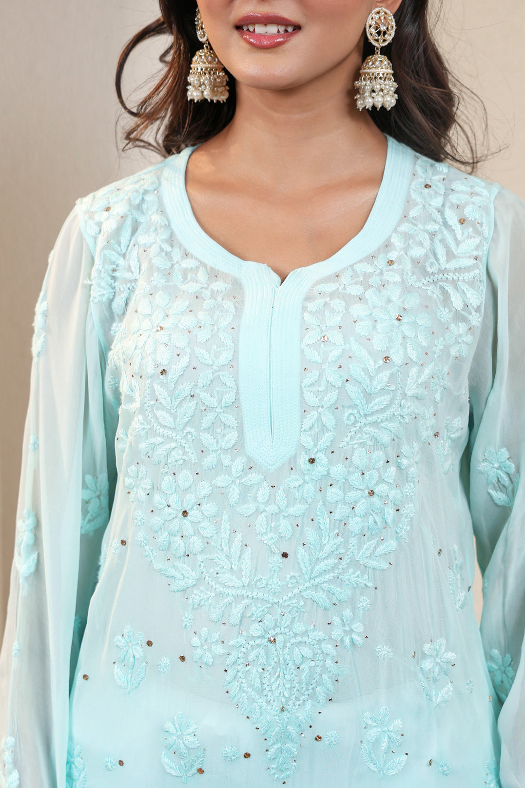 Chikankari Viscose Ghas Patti With Mukaish work long Kurta (Blue)