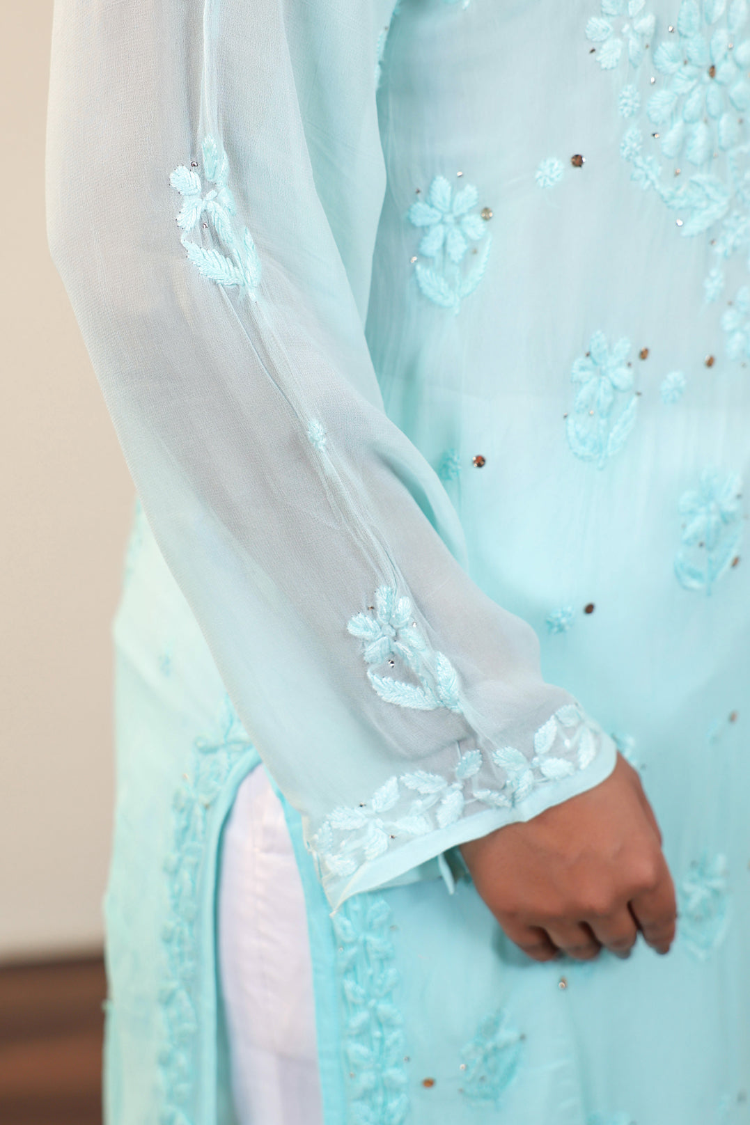 Chikankari Viscose Ghas Patti With Mukaish work long Kurta (Blue)
