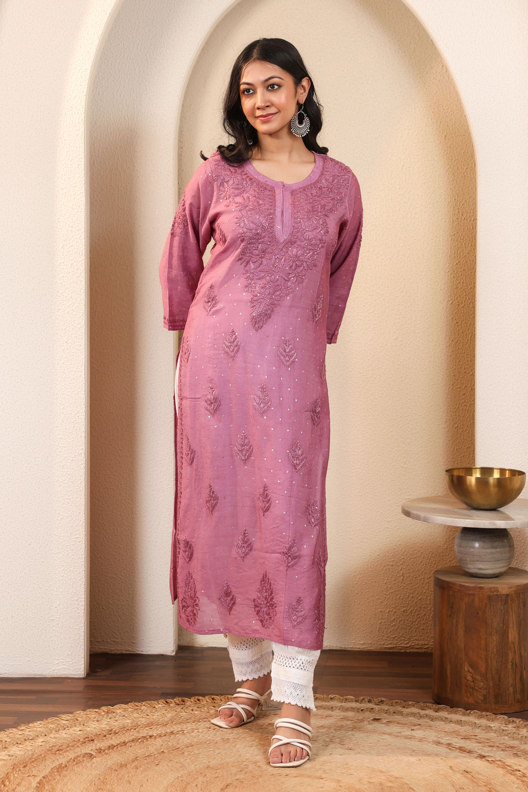 Chikankari Banarasi Chanderi Long Kurta (Purple)