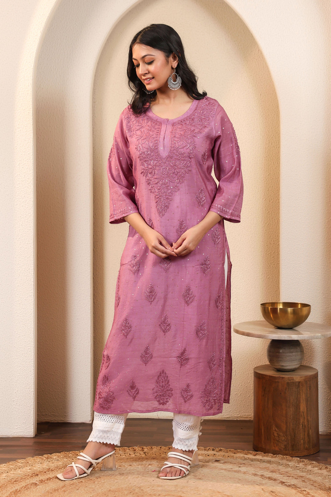Chikankari Banarasi Chanderi Long Kurta (Purple)