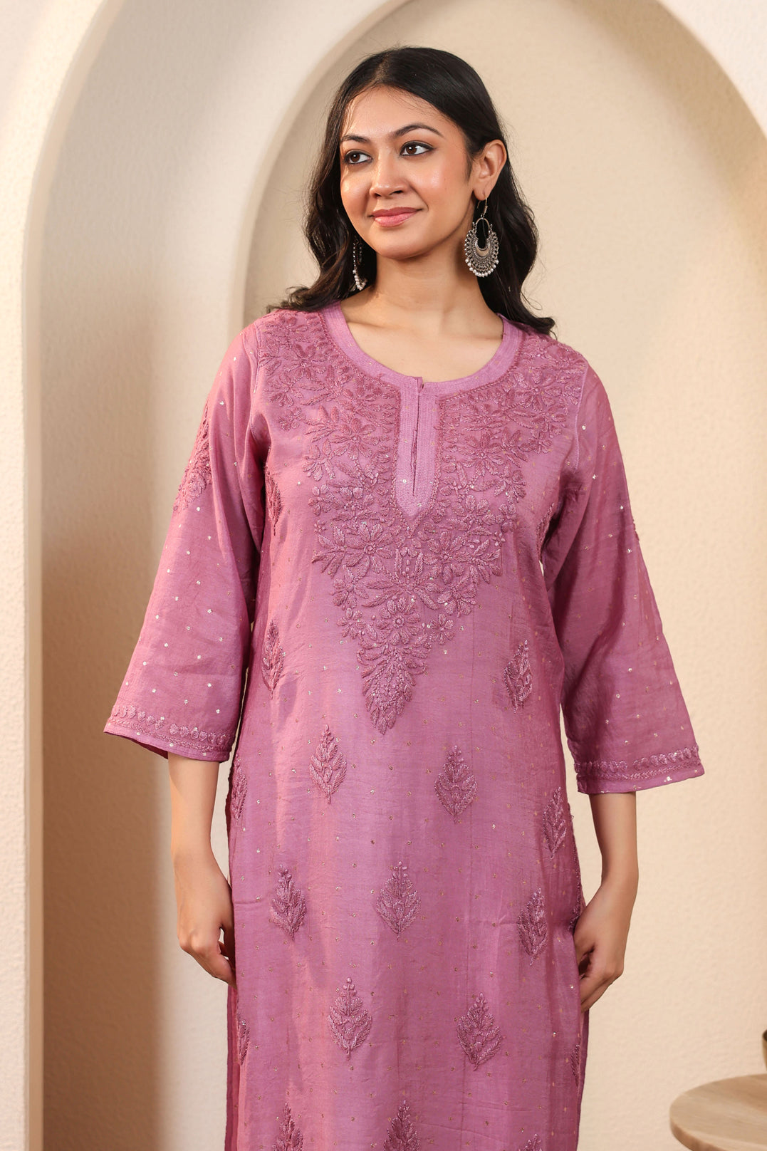 Chikankari Banarasi Chanderi Long Kurta (Purple)