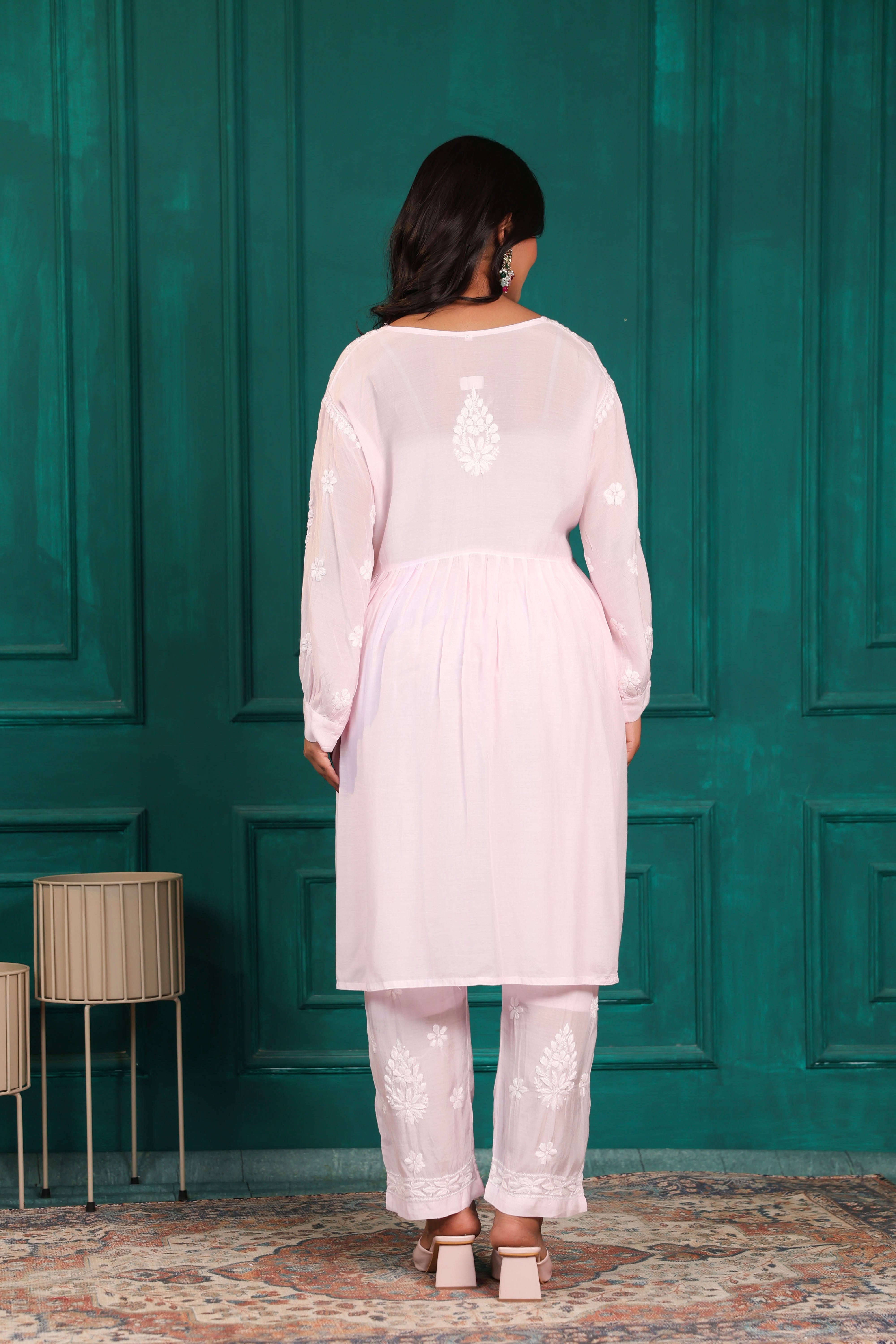 Chikankari Muslin Anarkali Co-ord Set (Pink)