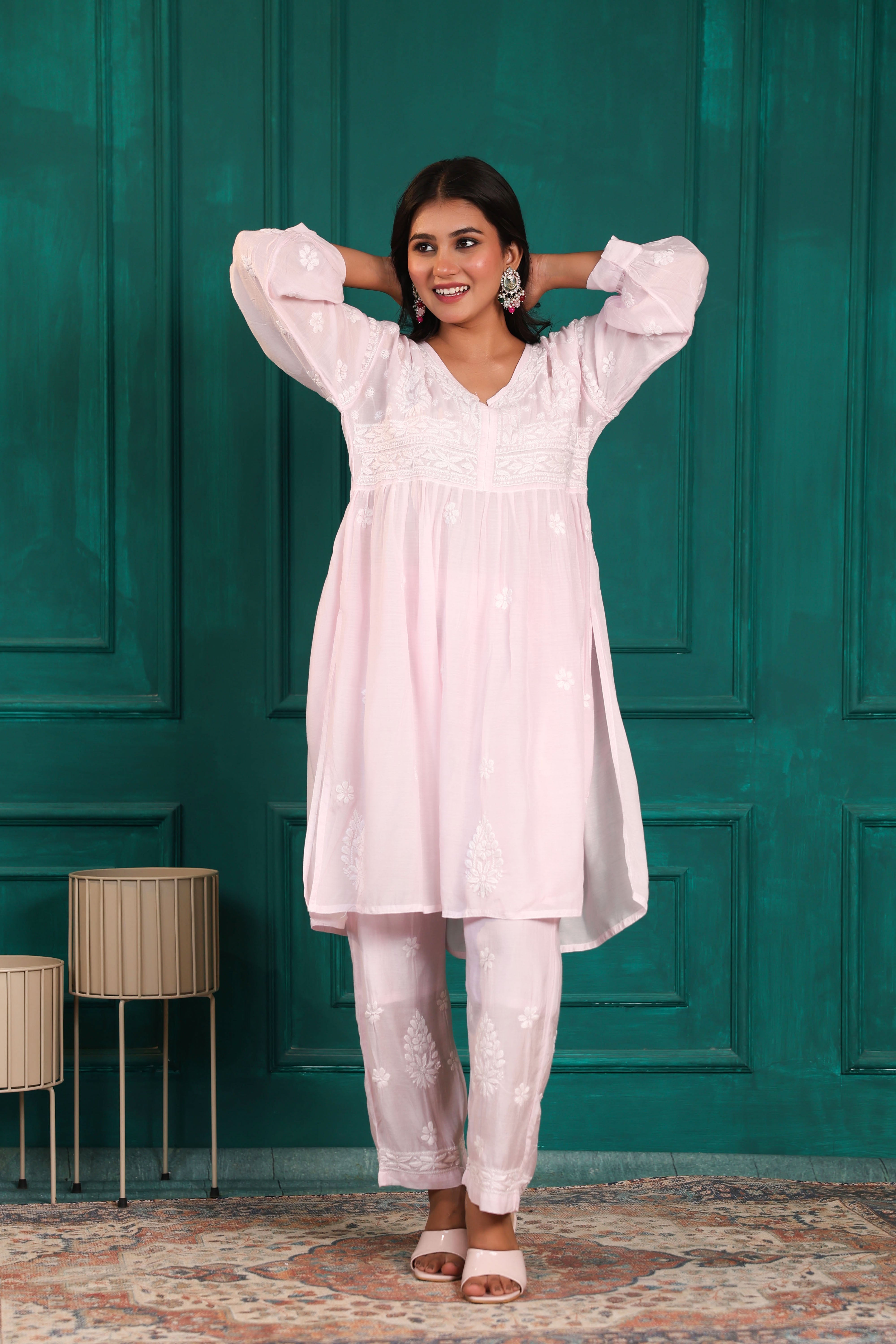 Chikankari Muslin Anarkali Co-ord Set (Pink)