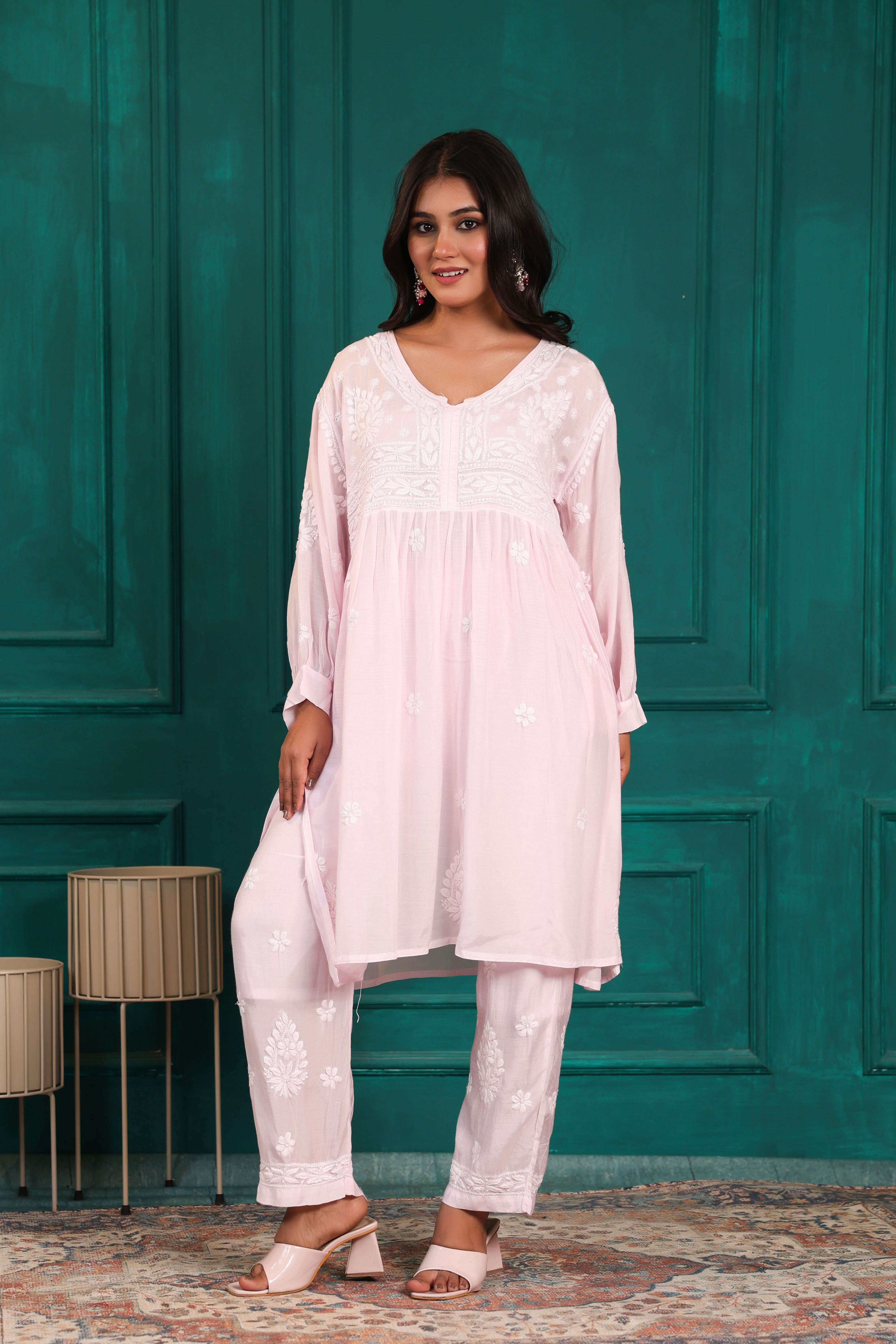 Chikankari Muslin Anarkali Co-ord Set (Pink)