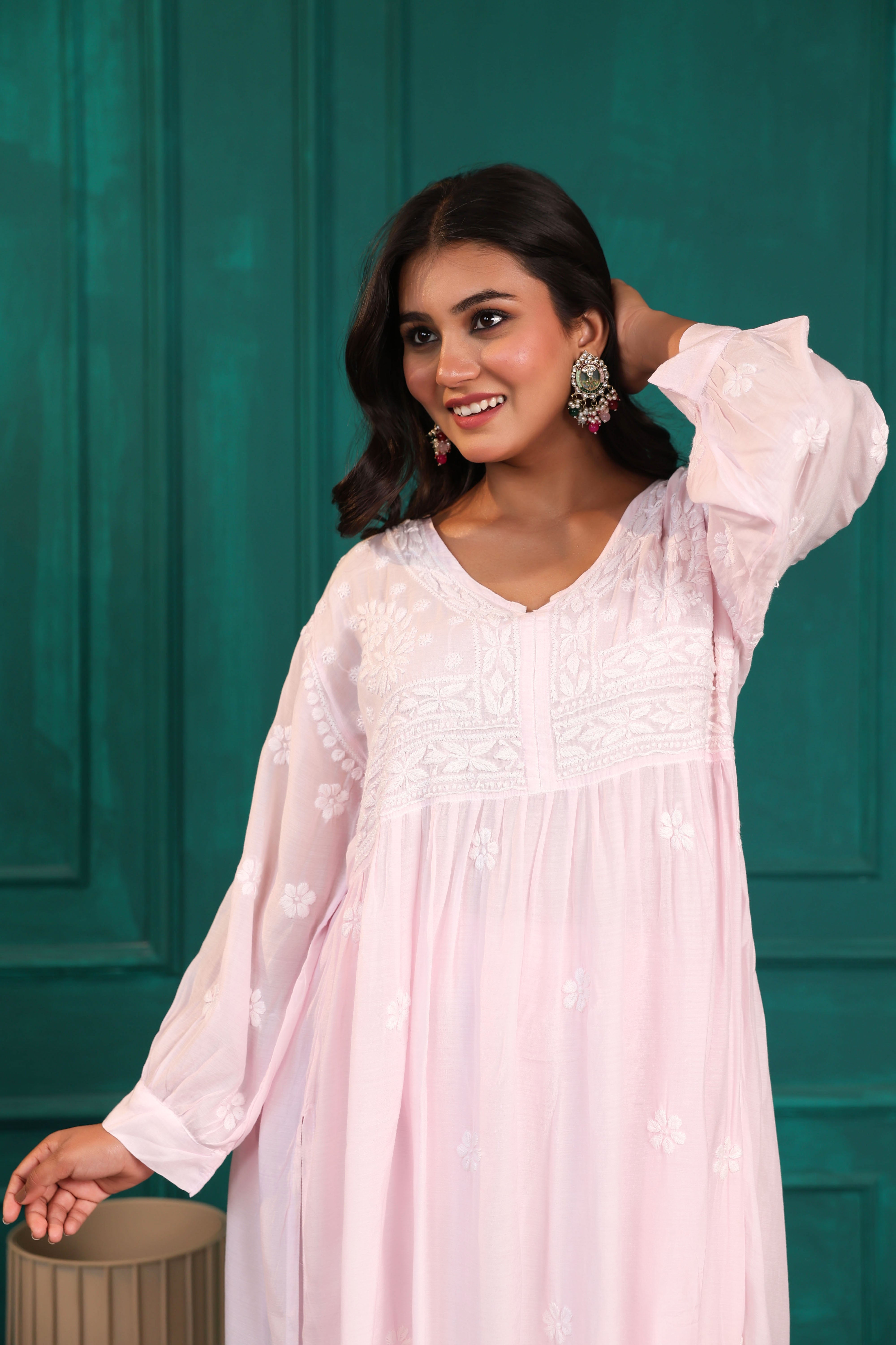 Chikankari Muslin Anarkali Co-ord Set (Pink)