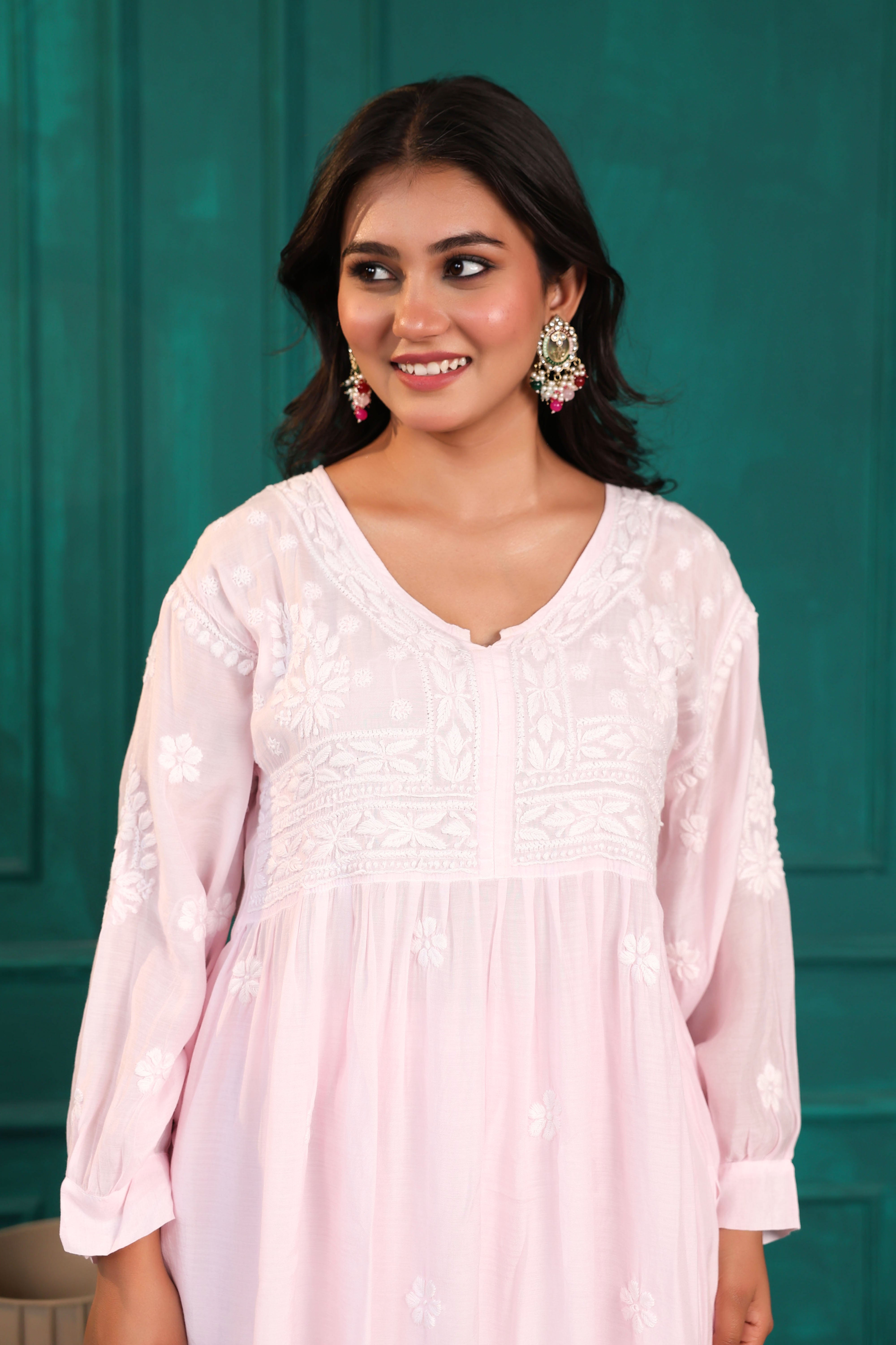 Chikankari Muslin Anarkali Co-ord Set (Pink)