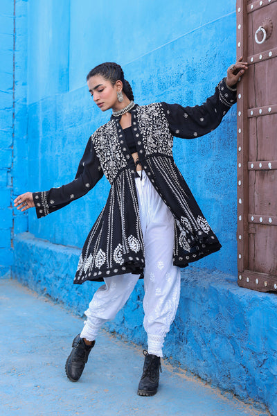 Chikankari Stylish Peplum Jacket - Bird Embroidery (Black)