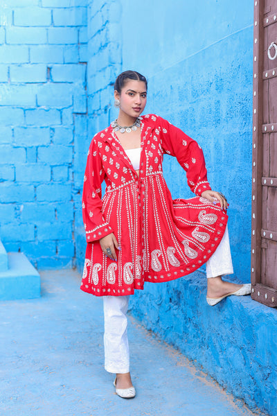 Chikankari Stylish Peplum Jacket(Red)