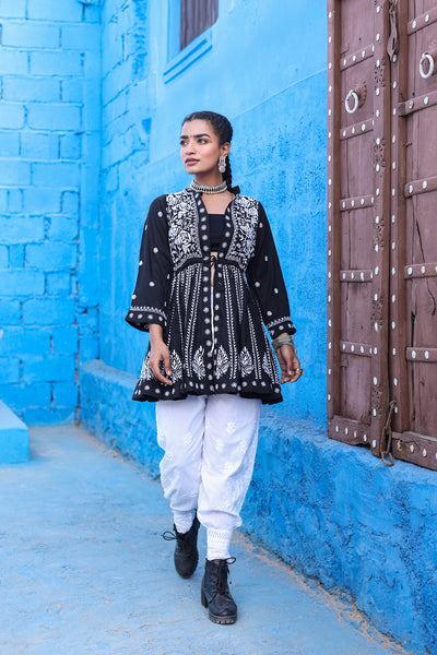 Chikankari Stylish Peplum Jacket - Rose Embroidery(Black)