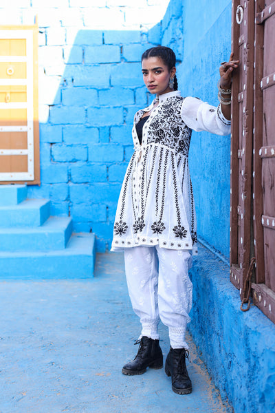 Chikankari Stylish Peplum Jacket - Rose Embroidery (Black & White)